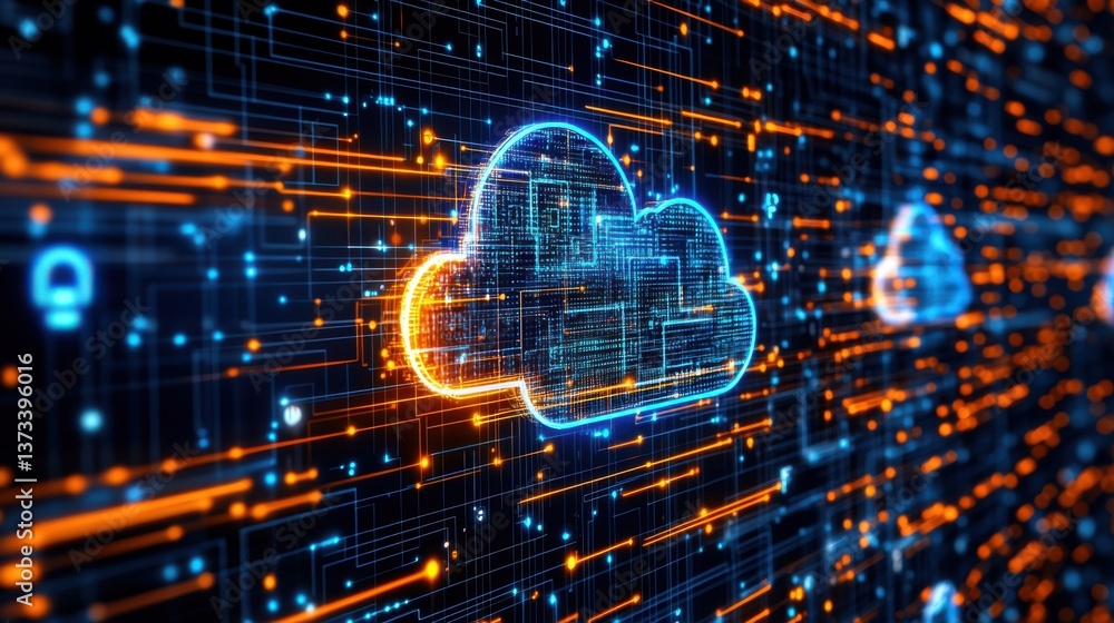 Poster a vibrant digital representation of cloud technology with glowing lines and circuits, symbolizing da