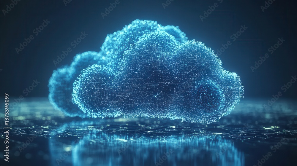 Poster a digital representation of a cloud made of glowing particles, symbolizing data storage and technolo