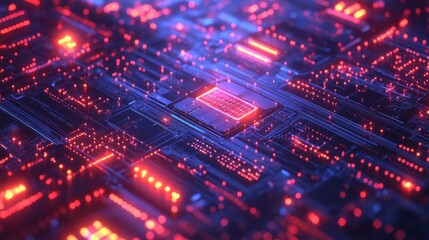 Fototapeta premium A vibrant, abstract representation of a circuit board with glowing elements, showcasing a futuristic technology theme.