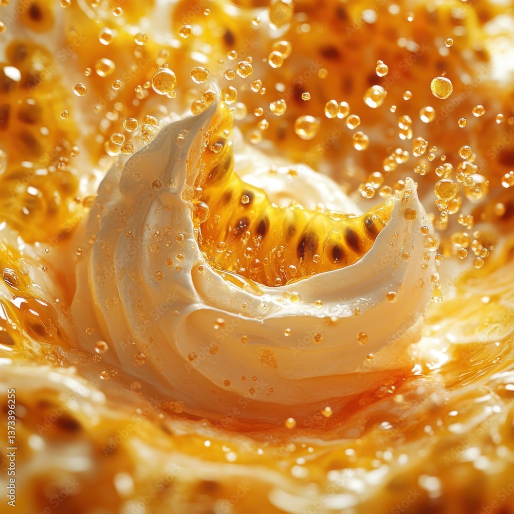 Poster a vibrant swirl of creamy ice cream surrounded by splashes of orange soda, creating a dynamic and re