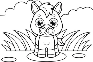 Cute Cartoon Horse Outline with Clouds and Grass on Transparent Background