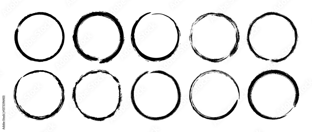 Poster round paint brush strokes set. black grunge round stains collection. ink or charcoal circular frames