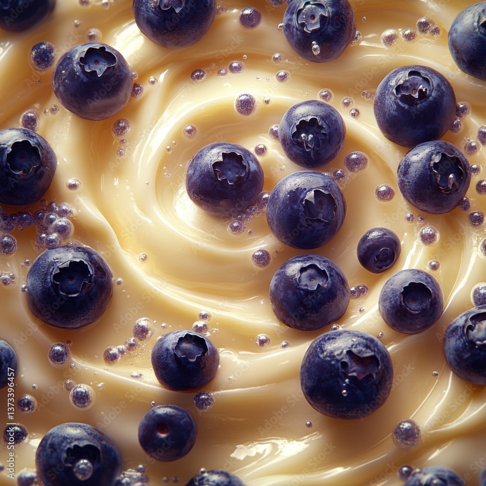Poster a close-up view of blueberries floating on creamy swirls, creating a visually appealing and textured