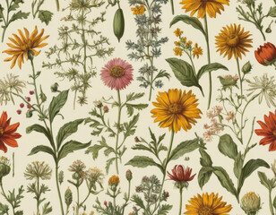 A vintage botanical illustration pattern, featuring a variety of wildflowers with scientific accuracy.	