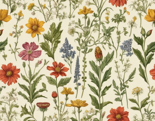 A vintage botanical illustration pattern, featuring a variety of wildflowers with scientific accuracy.	
