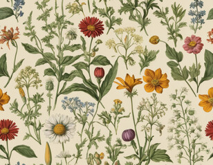 A vintage botanical illustration pattern, featuring a variety of wildflowers with scientific accuracy.	