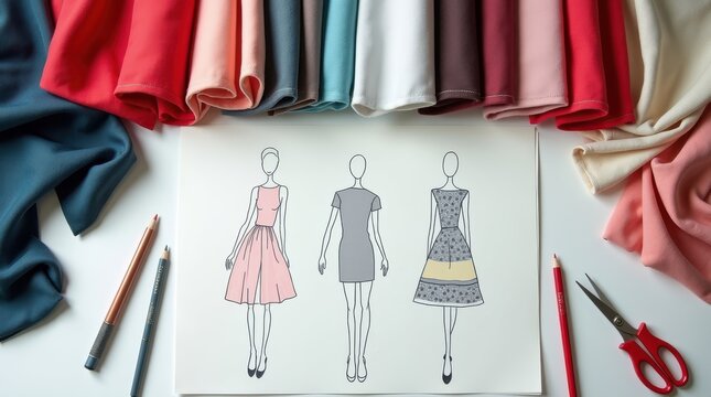 Creative fashion design notes in office setting with colorful fabrics and sketches of dresses