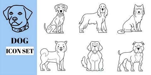 set of dogs Dalmatian, Spaniel, Siberian husky, Shiba inu, Saint bernard, Pit bull, Papillon, Greyhound