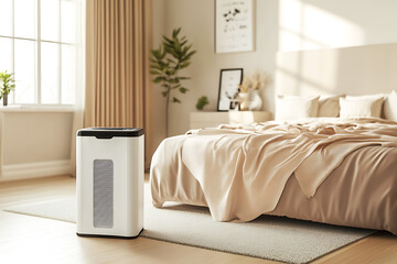 Modern portable dehumidifier is placed on the floor in a beige bedroom interior, improving air quality