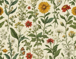 A vintage botanical illustration pattern, featuring a variety of wildflowers with scientific accuracy.	