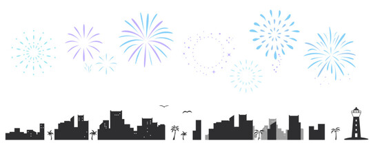 Fototapeta premium 海辺の街並みと花火のシルエットイラストのセット 背景イラスト 都市景観