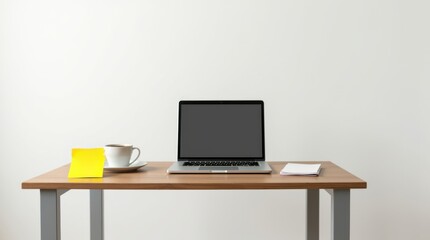 Fototapeta premium Office setup with laptop and notes modern workspace minimalist environment productive viewpoint