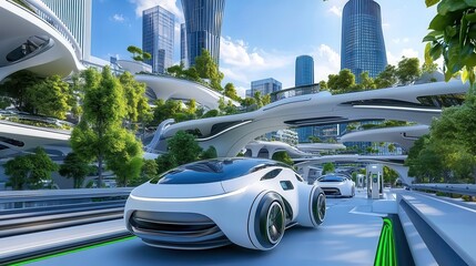 Futuristic Electric Car in Eco City - Sustainable living