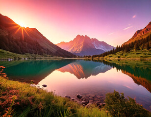 Mountain lake at sunset. Beautiful summer landscape with mountain lake.