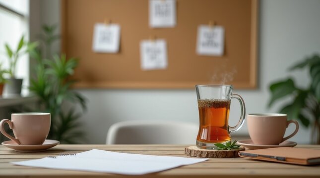 Morning office note-taking with tea calm workspace cozy environment productive viewpoint