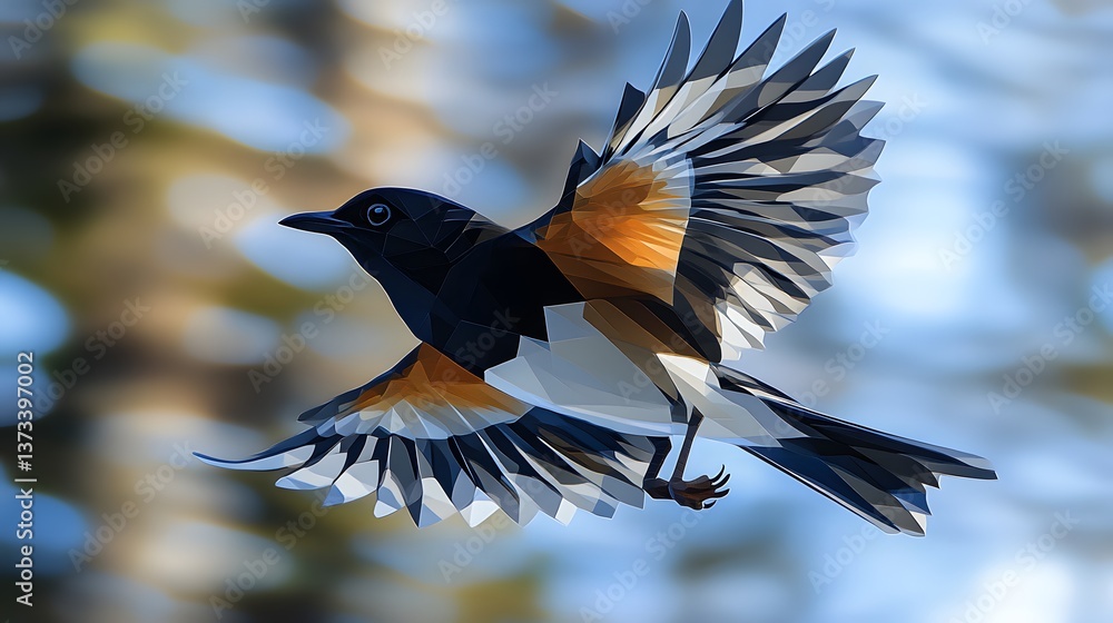 Poster a dynamic minimalist geometric illustration of a bird in flight capturing the essence of freedom and