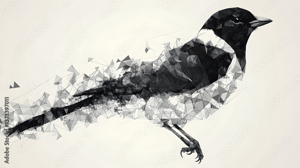 Poster an artistic representation of a bird created entirely from triangles in a realistic photographic sty