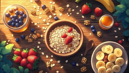 Oatmeal breakfast bowl displays berries atop wooden table nutrition setup details