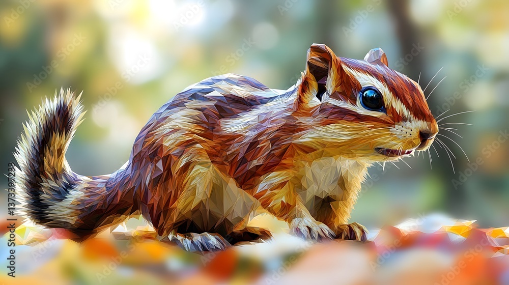 Poster minimalist abstract polygonal chipmunk captured in a realistic style displaying unique geometric cha
