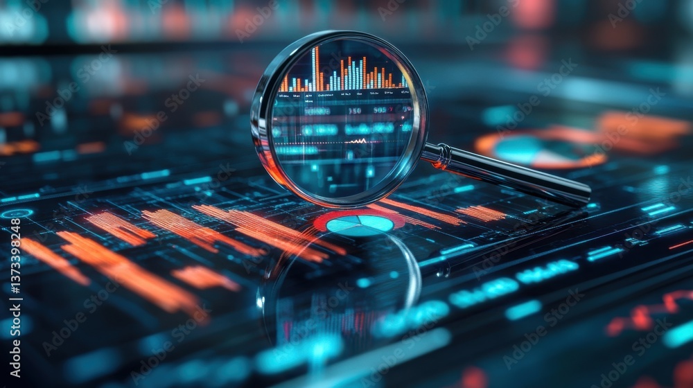 Poster a high-tech magnifying glass focuses on vibrant data visualizations, showcasing graphs and charts in