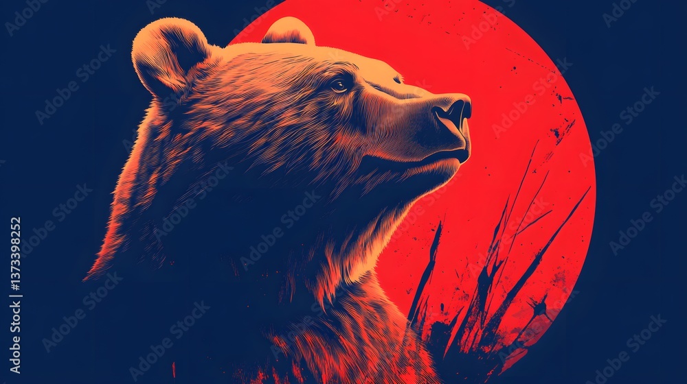 Aufkleber minimalist circle-based bear icon in front of a red moon creating a striking artistic representation