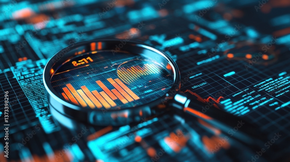 Aufkleber a magnifying glass focuses on a digital display of financial graphs and data, highlighting trends an