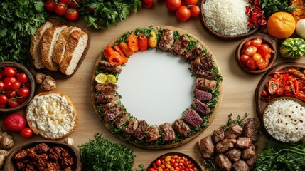 Fototapeta premium A vibrant spread of assorted meats, vegetables, and breads arranged beautifully on a wooden table, showcasing a feast of colors and textures.