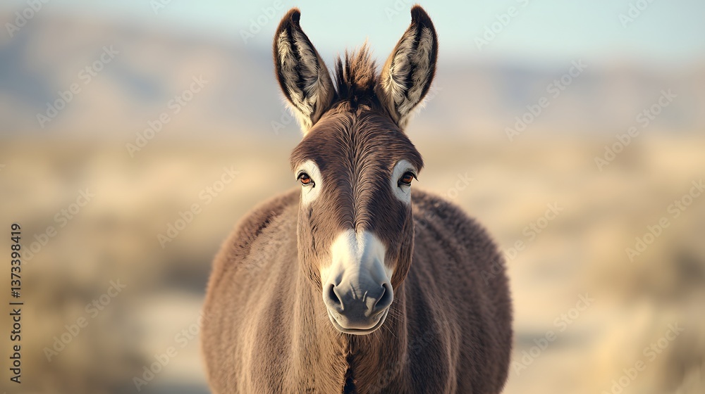 Poster charming realistic photograph of a donkey looking directly at the camera in a minimalist style highl
