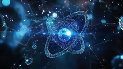 Obraz premium Abstract Atom Structure, Blue Glowing Digital Network Technology