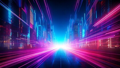 サイバーパンクの街並み、未来都市の夜景、ネオンライトの高速道路、光の軌跡が走る都市、近未来のテクノロジー空間、ピンクとブルーの都市風景、デジタル都市の遠近感、バーチャルシティの風景、SF映画のような街、未来的なスピード感
