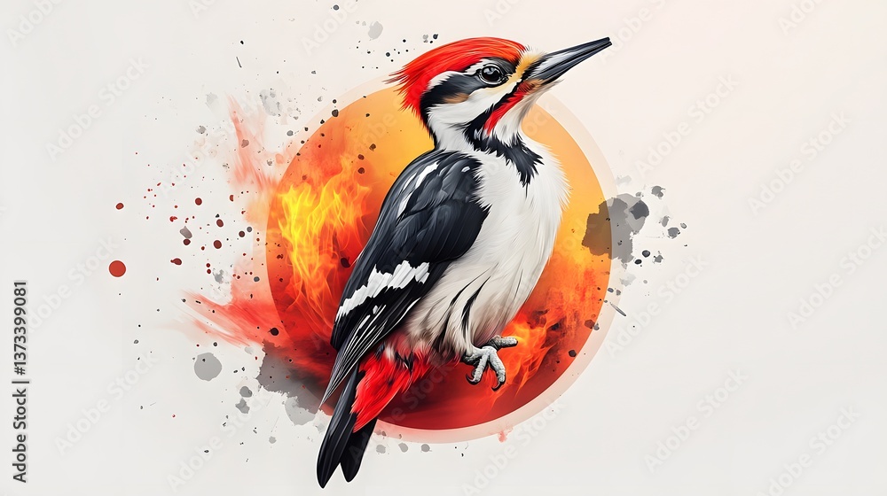 Poster realistic minimalist circle-based woodpecker icon showcasing the unique features of this intriguing 