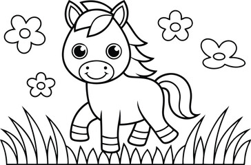 Cartoon Horse With Flowers and Grass in Black and White Line Art