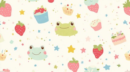 105.A playful repeating design with kawaii-style frog heads in gentle pastel shades, paired with doodles of tiny desserts, sparkling stars, and vibrant strawberries, scattered across a creamy white