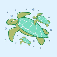 Vector cartoon illustration of sea fish turtle sticker set Concept Isolated Flat