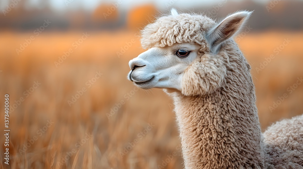 Poster minimalist geometric alpaca side profile illustration with blurry background creating a soft and dre