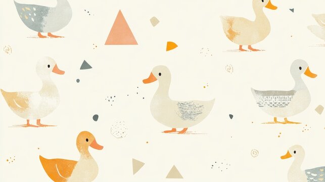 96.A whimsical design with retro ducks in a mix of standing and swimming poses, surrounded by small geometric patterns and pastel-colored details, on a cream background.