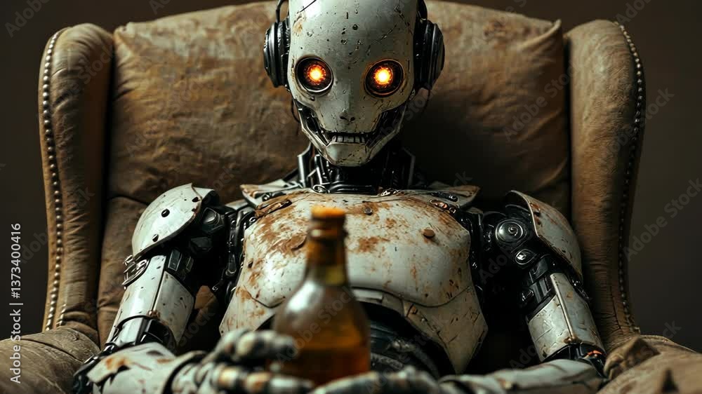 Poster rusty robot awakens: a mechanical being's idle contemplation with a bottle in hand