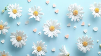 Obraz premium 88.A whimsical pattern of chamomile flowers with detailed petals and tiny hearts in alternating pastel shades, forming a seamless vector layout on a light sky-blue background.