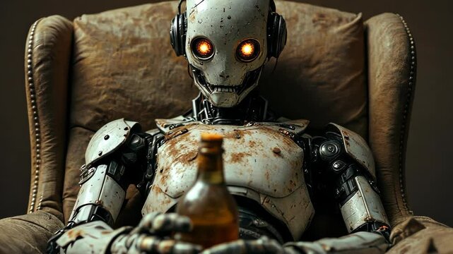 Rusty robot awakens: a mechanical being's idle contemplation with a bottle in hand