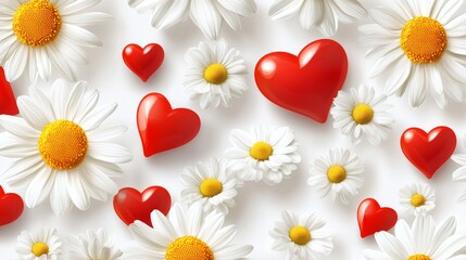 Obraz premium 85.Daisies and hearts seamless pattern. Chamomile flowers. Vector background