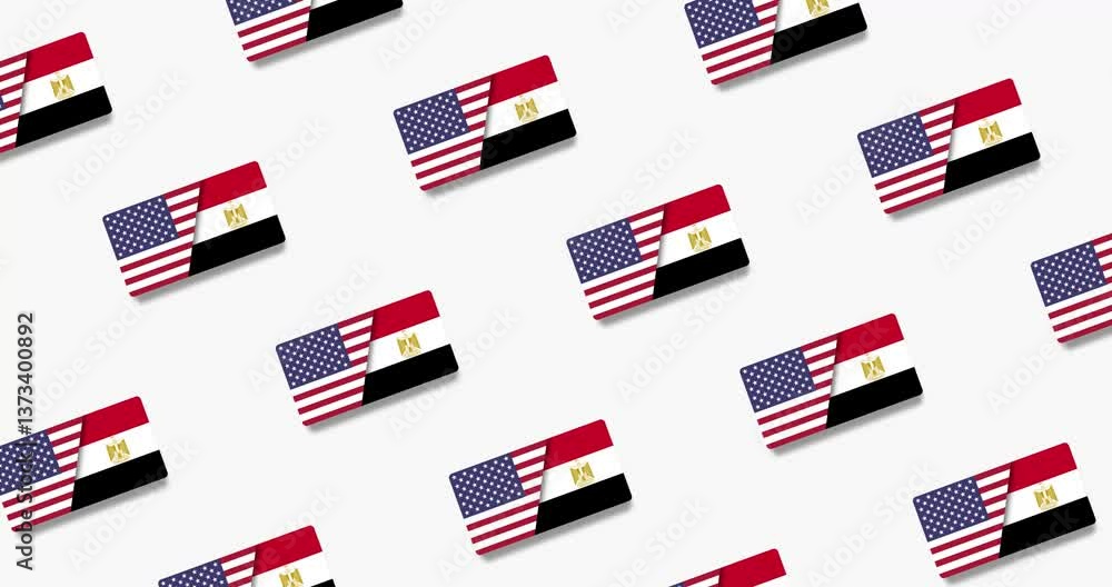 Poster looping video of bilateral union between nations of us and egyptian flags moving crosswise on a whit