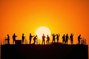 group of people working on a construction site at sunset