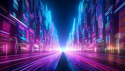 ネオン光の未来都市、高速道路のような光の道、サイバーパンクの街並み、ピンクとブルーのSF空間、デジタルアートの都市景観、近未来のスピード空間、バーチャル都市の回廊、光に包まれた未来都市、テクノロジー都市の遠近構図、SF映画風のネオン街

