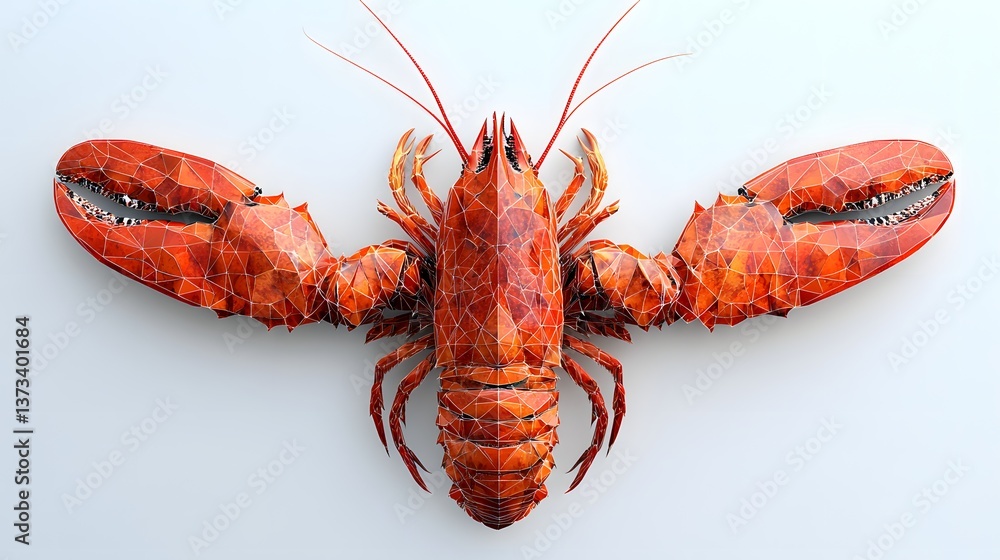 Poster minimalist geometric lobster face in front view illustrating a unique artistic interpretation of the