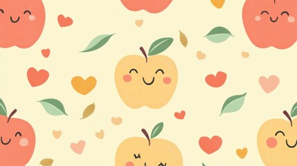 64.A fresh and vibrant pattern with hand-drawn apples featuring happy faces and subtle shadow effects, paired with small leaves and tiny hearts, set against a pastel yellow background.