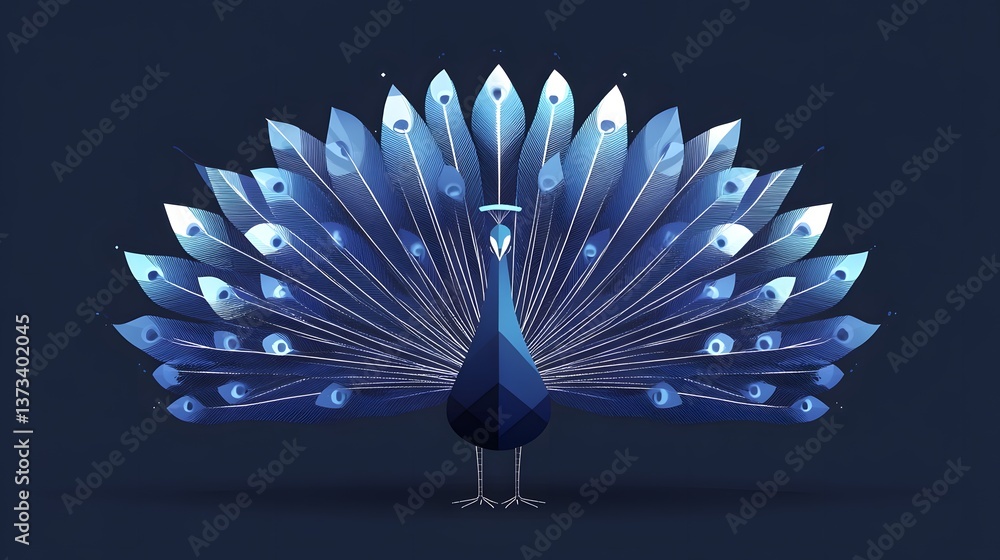 Poster elegant and colorful peacock with magnificent display of feathers captured in a minimalist geometric