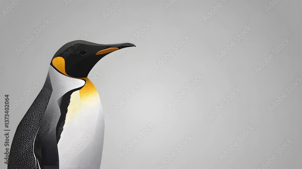 Poster charming penguin with distinctive yellow beak depicted in a minimalist geometric side profile style 
