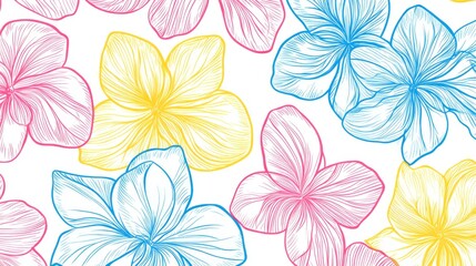 56.A seamless vector pattern featuring hand-drawn flowers in bright outline colors, including pink, yellow, and blue, arranged in a playful abstract layout on a white background.