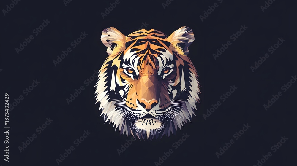 Poster incredible front view illustration of a tiger's face created in a minimalist geometric style showcas