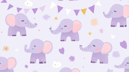 48.A delightful pattern of baby elephants illustrated in a kawaii style, complemented by decorative elements like stars, bunting, and crayon-like textures on a soft lavender background.